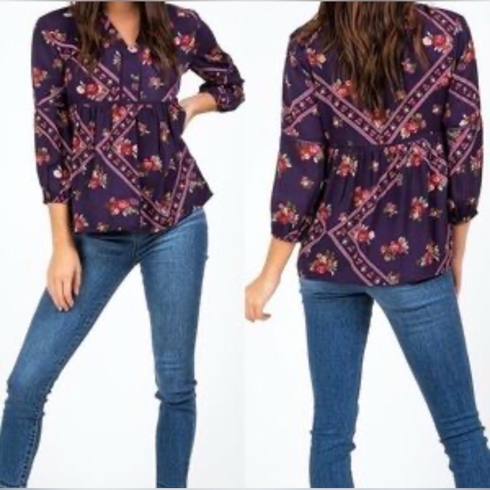 Francesca’s Miami Laura-Lee Purple Plum Shabby Chic‎ Floral Babydoll Blouse L